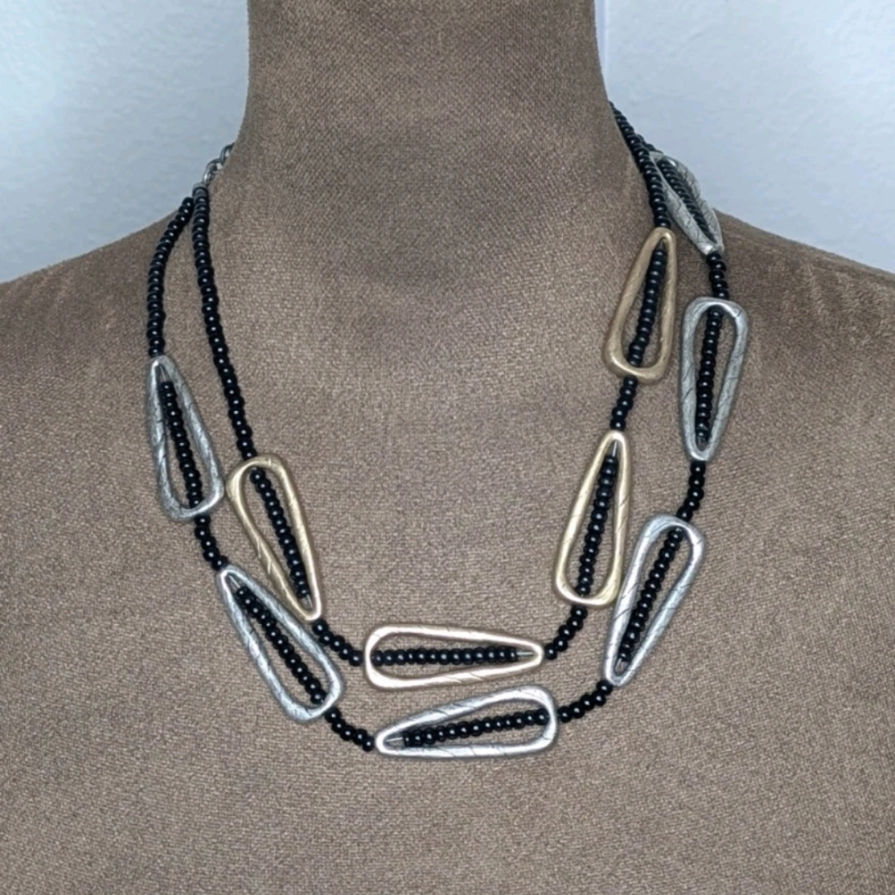 Vintage Chico’s Statement Necklace Mixed Metal Gold Silver Black Bead Geometric
